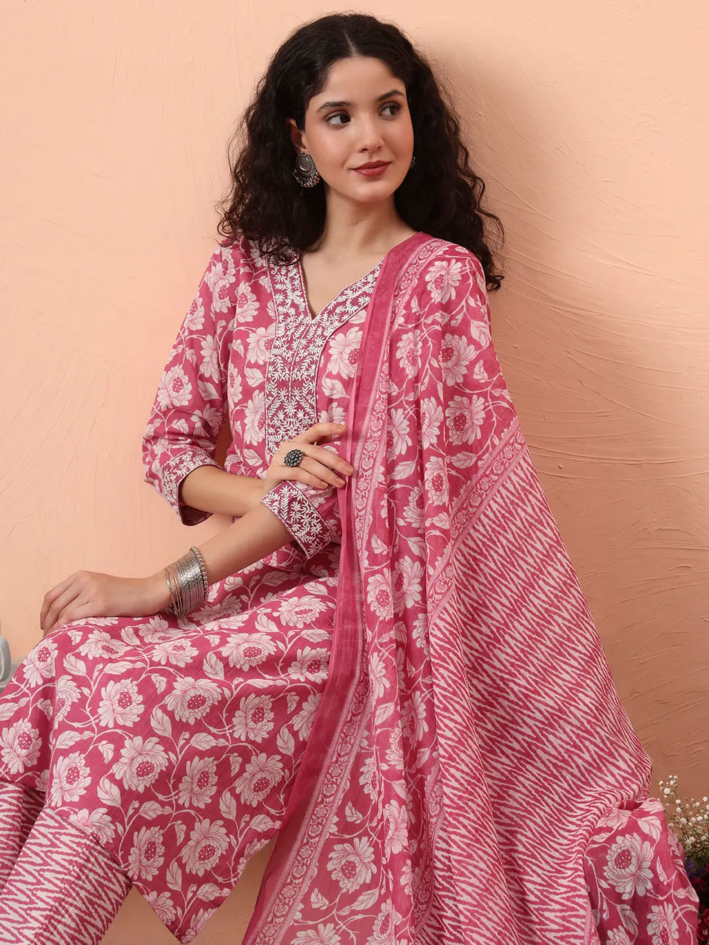 Yufta Lavender Pure Cotton Straight Floral,Kantha Work Kurta Pant Set