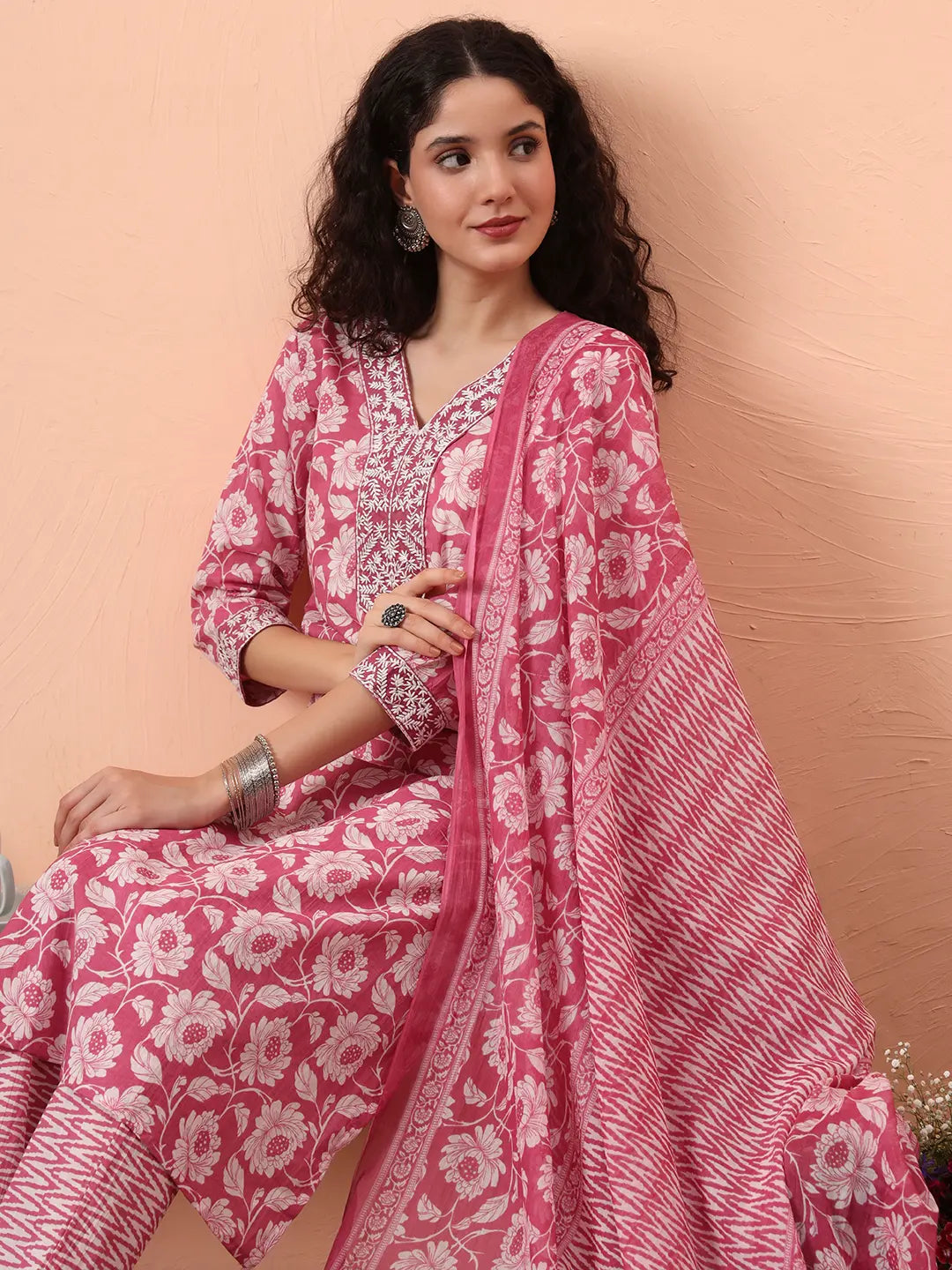 Yufta Lavender Pure Cotton Straight Floral,Kantha Work Kurta Pant Set