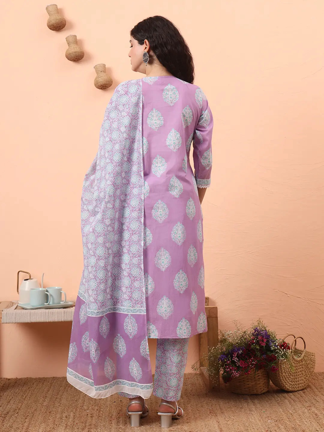 Yufta Lavender Straight Ethnic Motifs Zari Kurta Trouser Dupatta Set