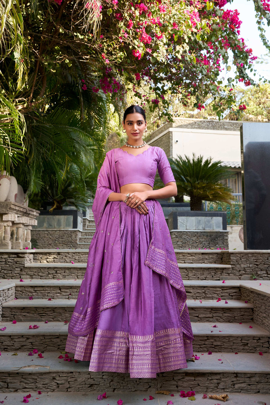 Evanik Women Pure Chanderi Plain With Zari Weaving Work Border Stitched Lehenga With Unstitched Blouse Dupatta(Up to 42)