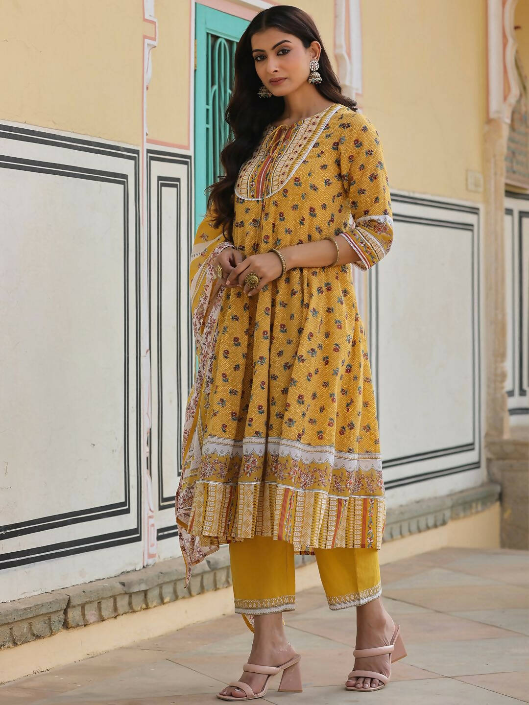 Juniper Women's Mustard Cotton Voile Floral Printed Kurta With Cambric Straight Pant And Voile Duptta