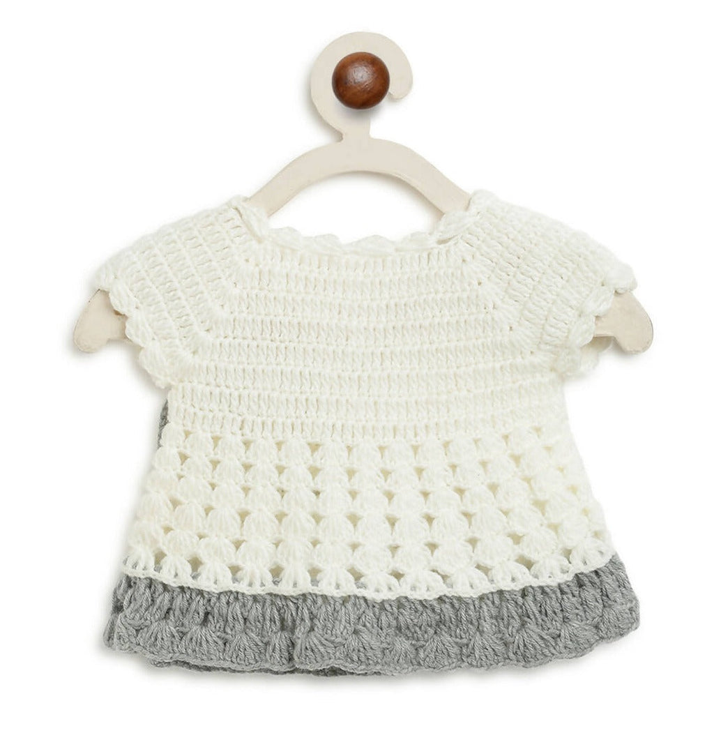 ChutPut Hand knitted Crochet Wool Dress For Baby Girls - White