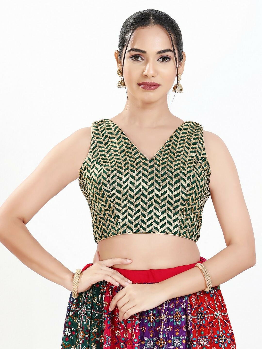 Joban Fashion Bottle Green Silk Padded Blouse With Sweetheart Neck Sleeveless