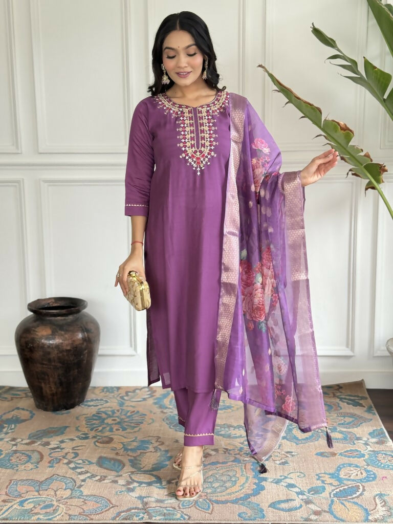 Purple Viscose chanderi Stitched Suit With Dupatta - Tanisha