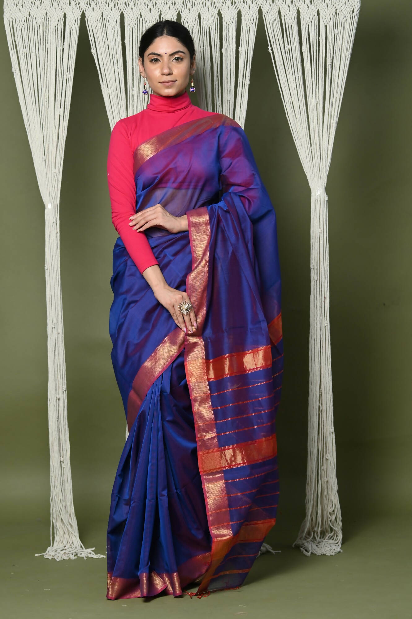 Very Much Indian Handloom Cotton Silk Maheshwari Saree With Sleek Golden Border - Dark Blue