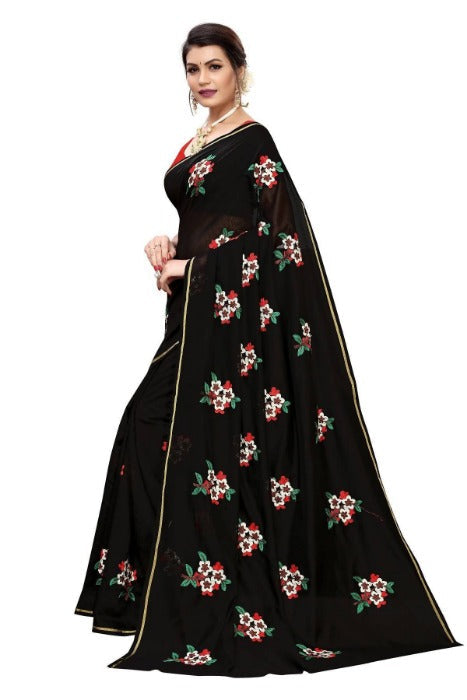 Vamika Chanderi Cotton Embroidery Black Saree (Mogra Black)