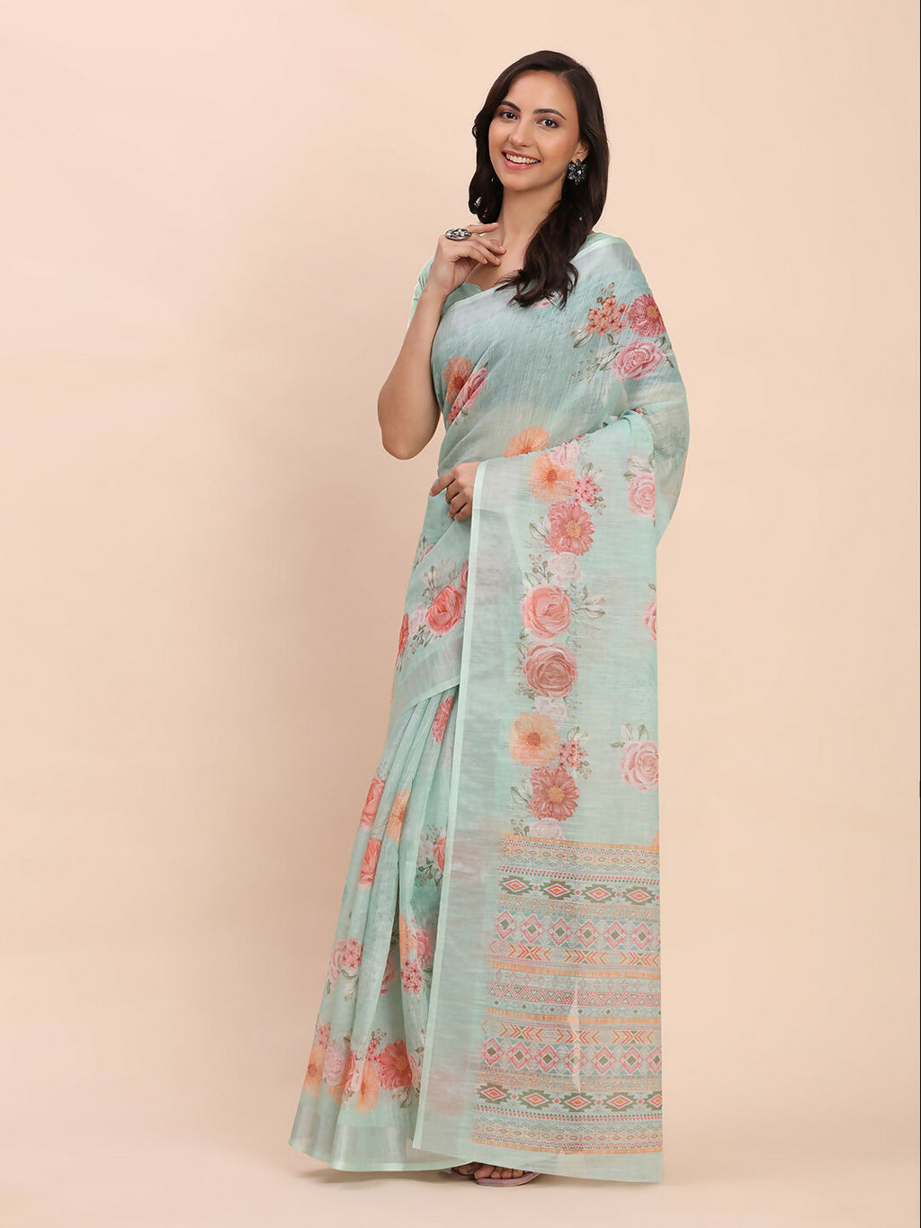 Shree Shyam Fashion Linen Cotton Sea Green Saree