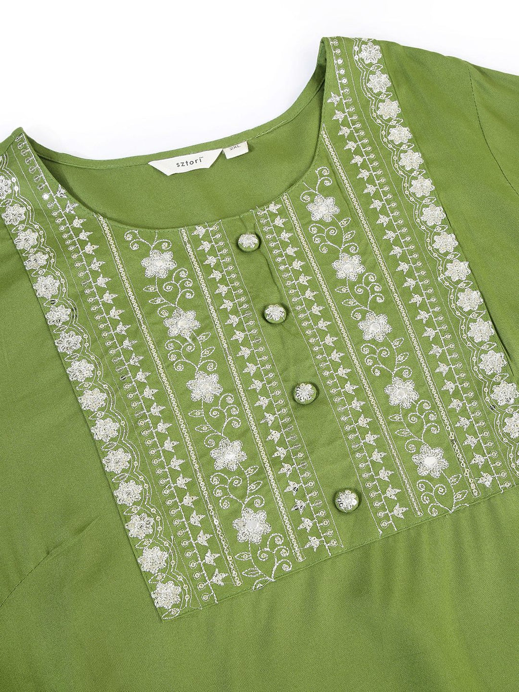 Sztori Plus Size Floral Yoke Design Mirror Work Straight Kurta