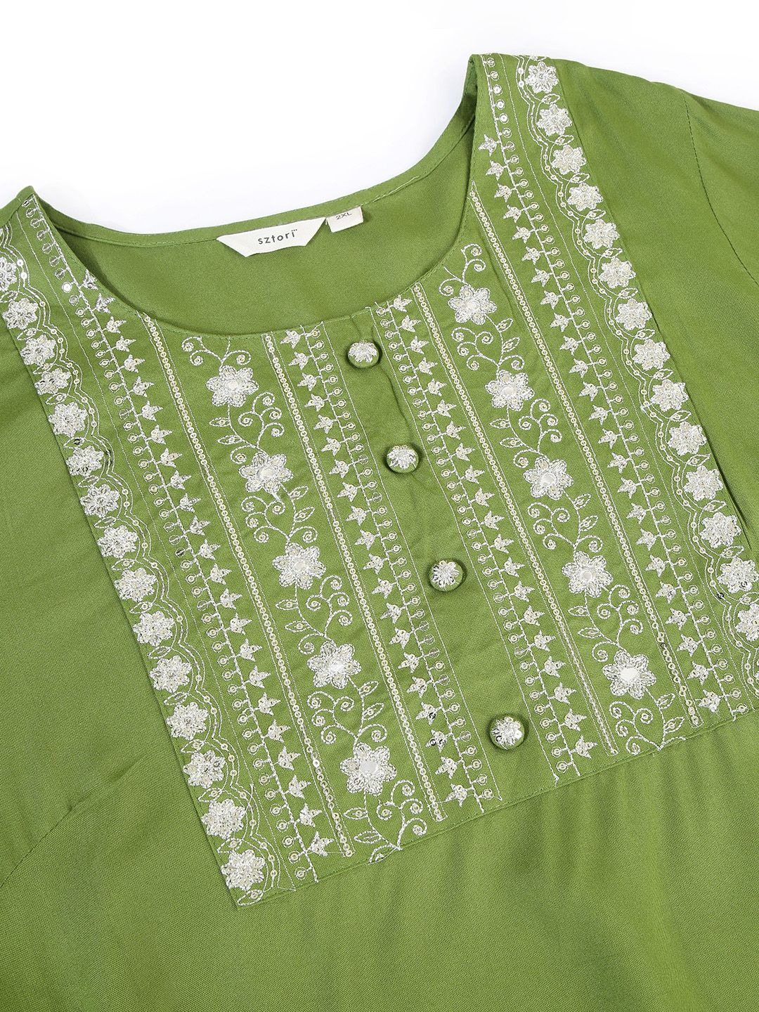 Sztori Plus Size Floral Yoke Design Mirror Work Straight Kurta
