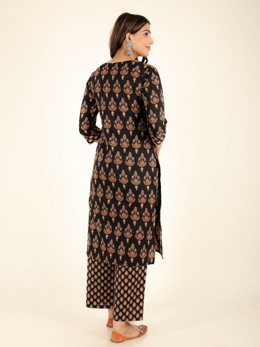 Aramya Black Soft Cotton Floral Print Straight Kurta Pant Set for Women
