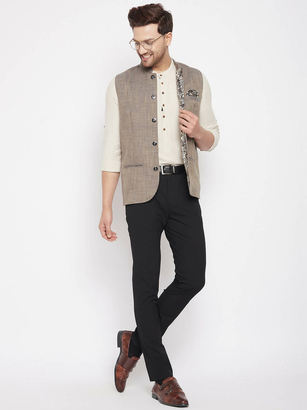 Even Apparels Brown Linen Men Woven Nehru Jacket