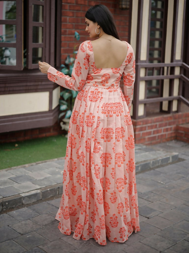 Jyoti Fashion Women's Peach Heavy Digital Printed Pure Chanderi Anarkali Dress