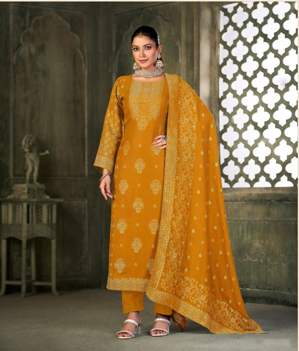 Mustard Viscose Pasmina Mina Work Kurta & Bottom with Dupatta - Paridhi