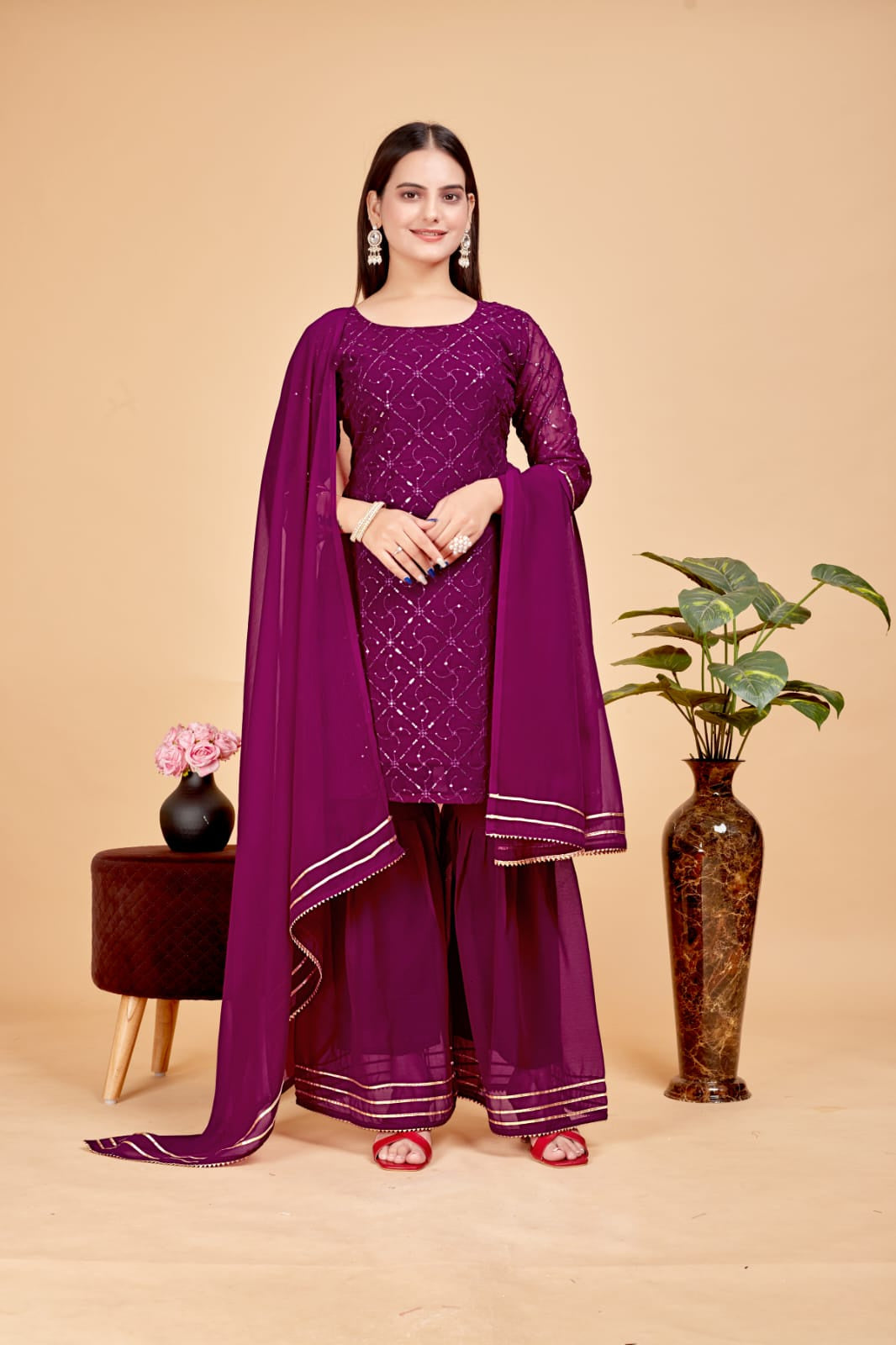 Women's A-Line Purple Kurta and Sharara With Dupatta Set - A2M