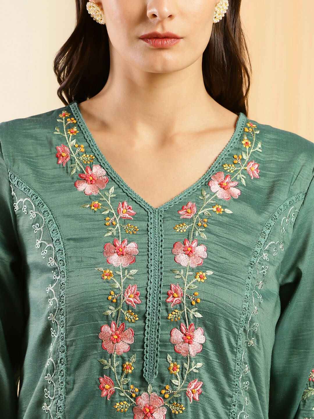 Green Chinon Embroidered Straight Kurta with Trouser & Dupatta - Salimar
