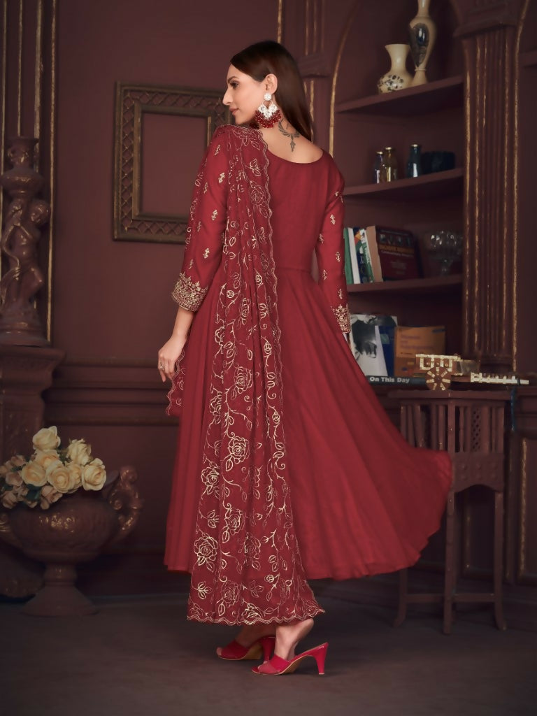 Jyoti Fashion Women's Maroon Georgette Embroidered Anarkali Kurta Pant Set With Dupatta