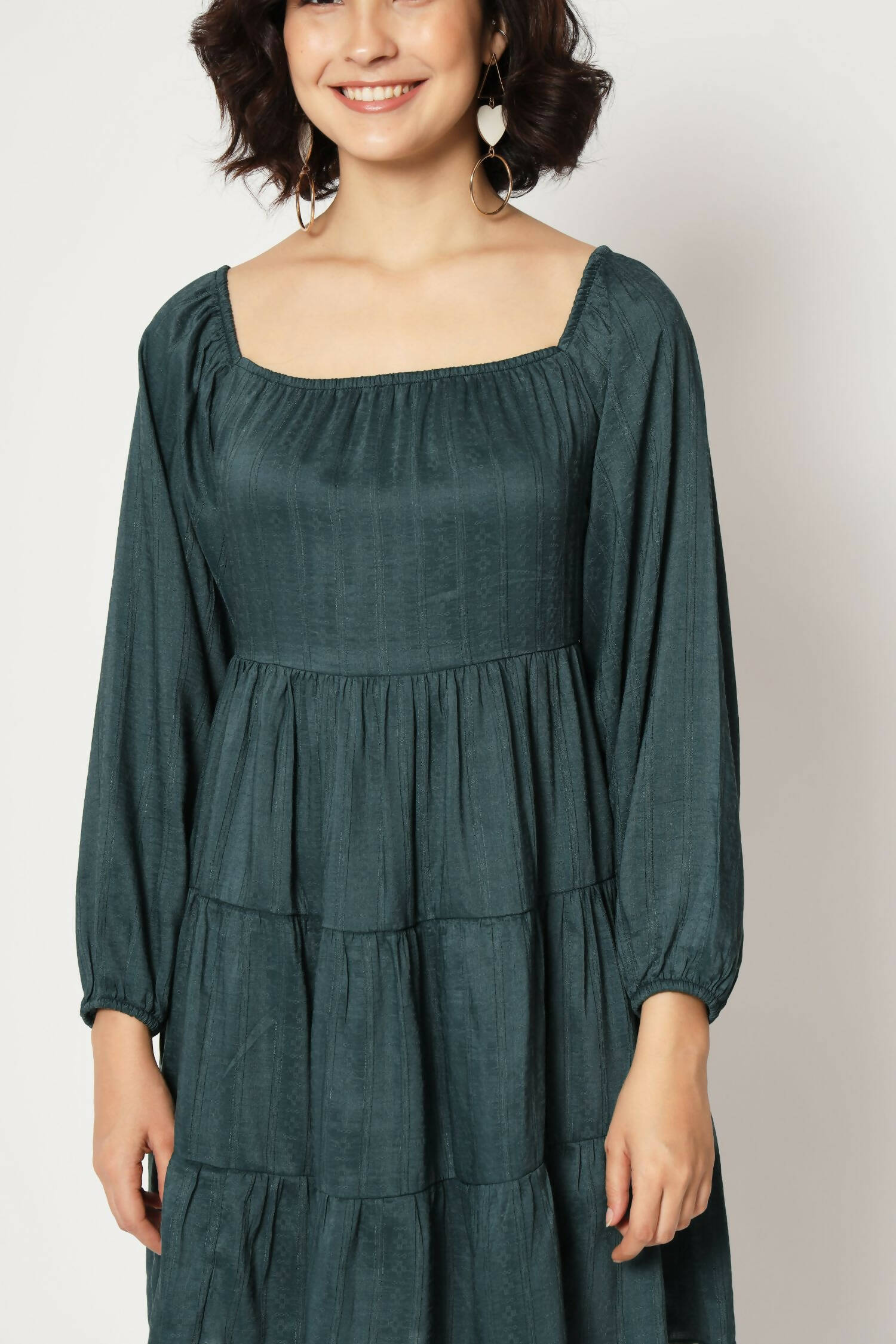 Teal Viscose Solid Design Flared Dress - Shivani