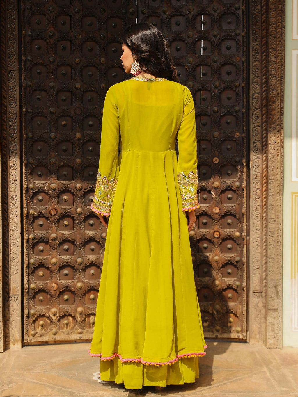Juniper Women's Green Thread Embroidered Georgette Shrug Crop Top & Palazzo Set With Mirror Work & Sequins