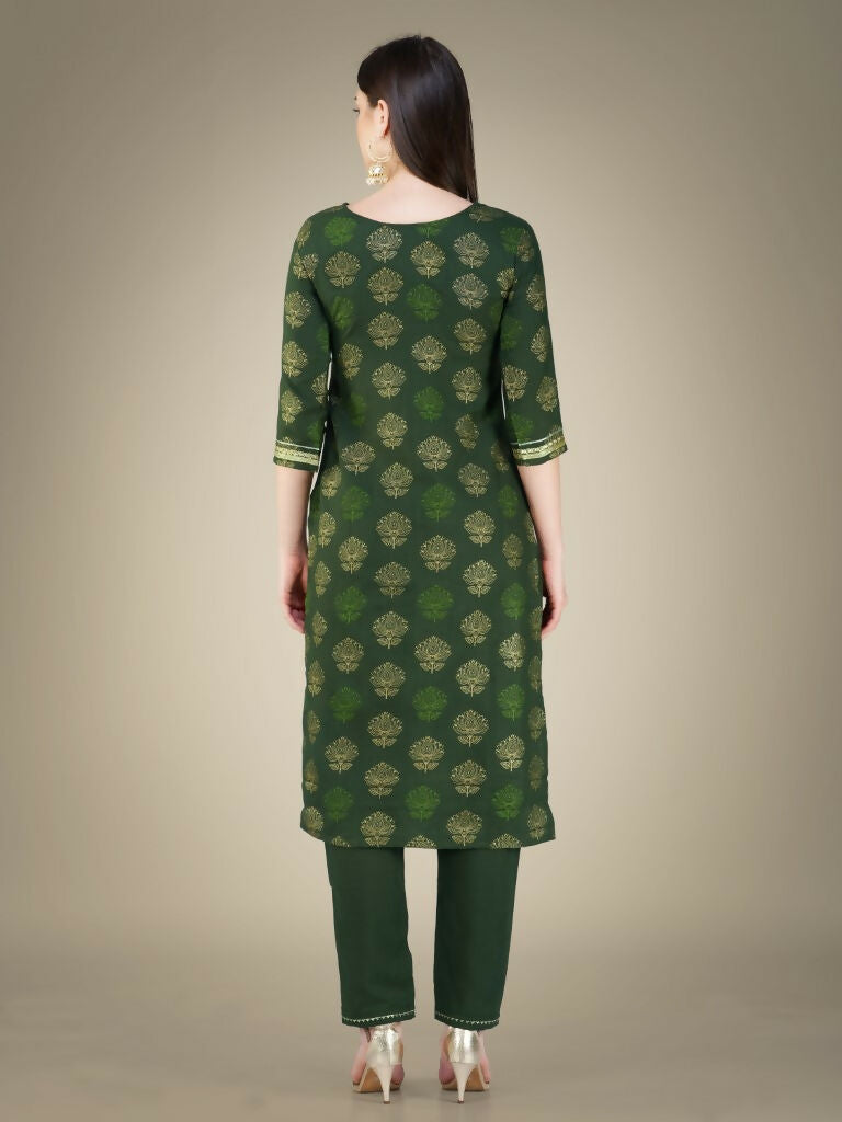 Jyoti Fashion Women's Dark Green Cotton Magic Slub Embroidery & Sequence work Kurta with Trouser & Dupatta