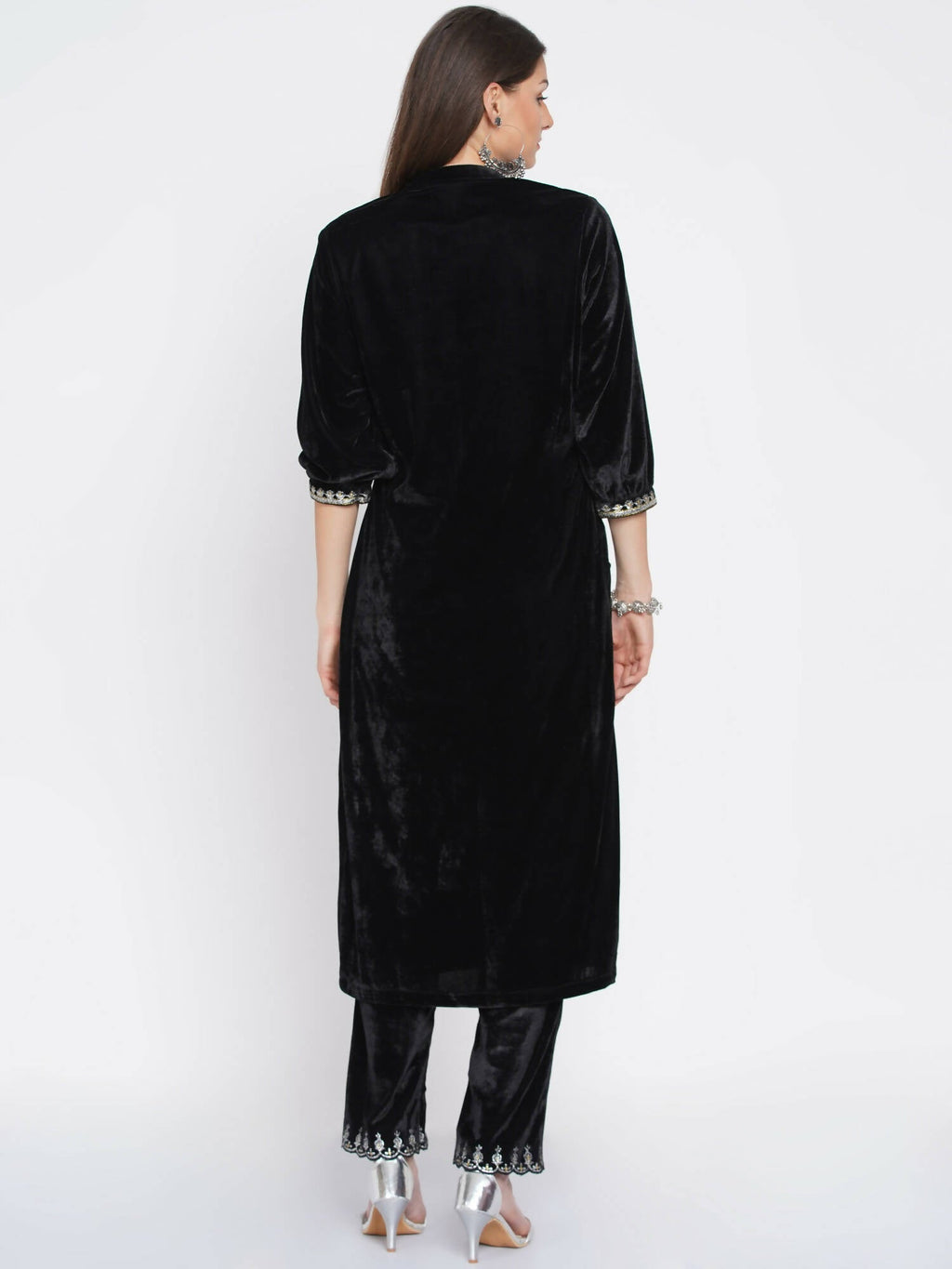 Women Republic Black Velvet Embroidered Kurta With Pants