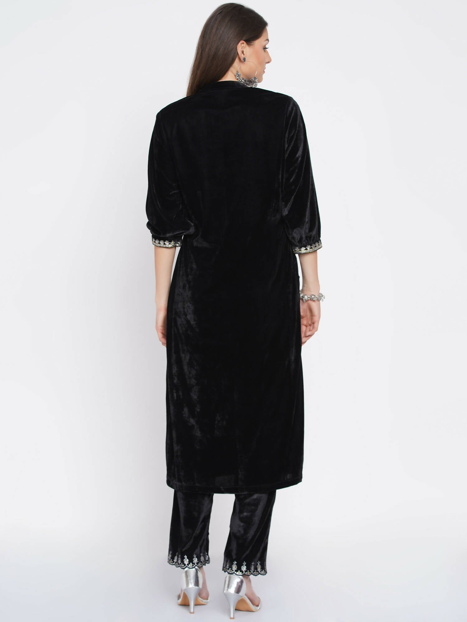 Women Republic Black Velvet Embroidered Kurta With Pants