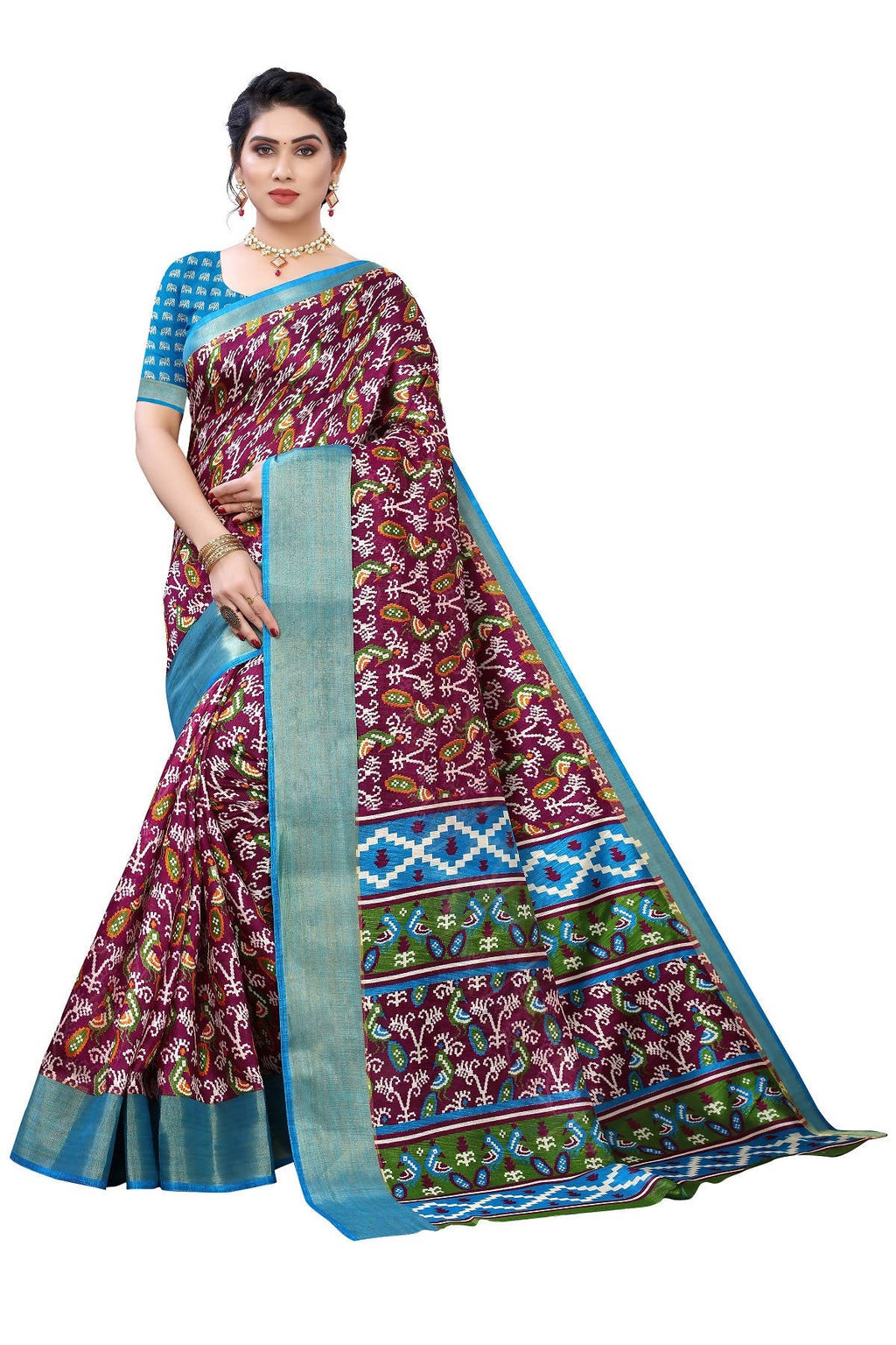 Vamika Purple and Blue Linen Jari Border Saree Online At Low Price