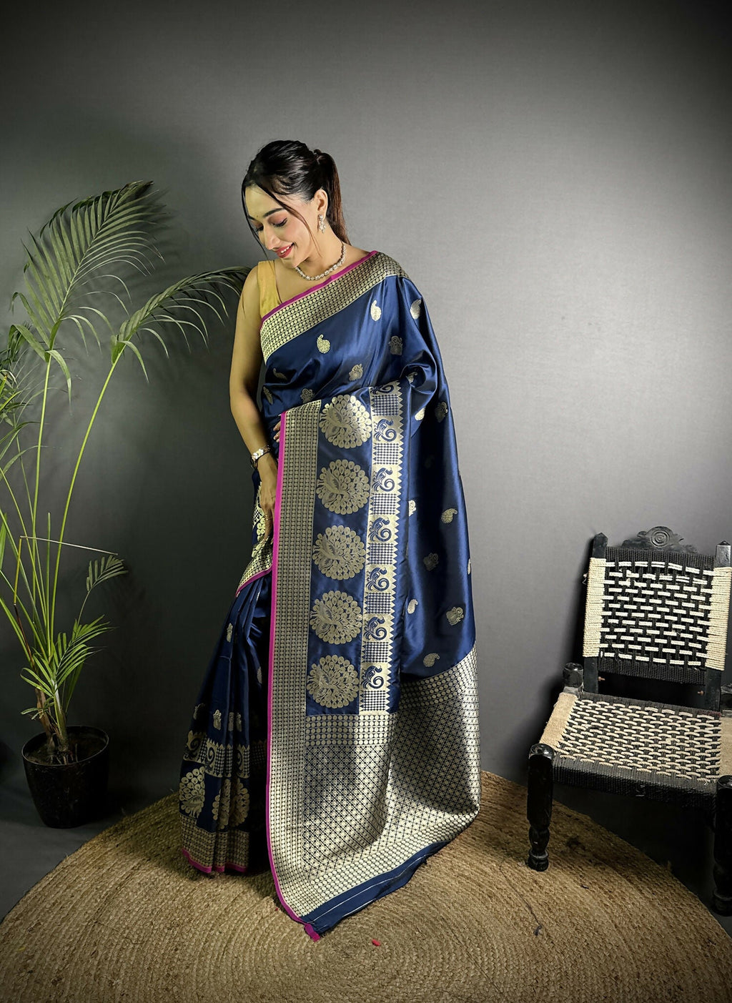 Joban Fashion Navy Blue Banarasi Soft Lichi Silk Paisley Saree