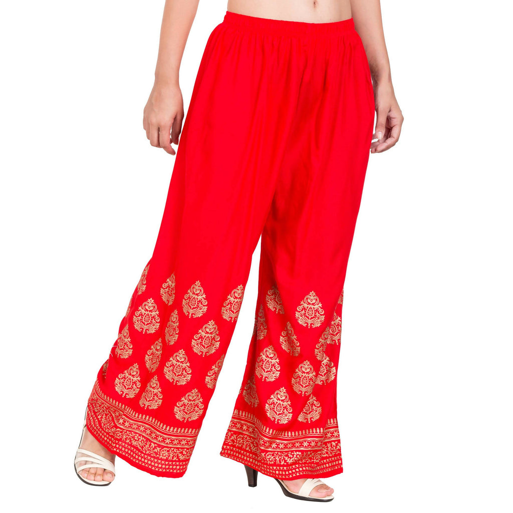 PAVONINE Red Color Golden Printed Rayon Fabric Sharara For Women & Girls