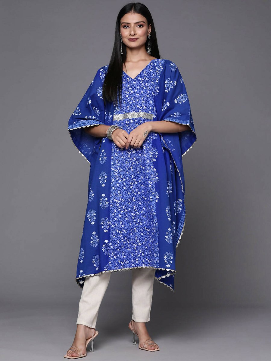 Ahalyaa Blue & White Floral Print Floral Kaftan Kurta