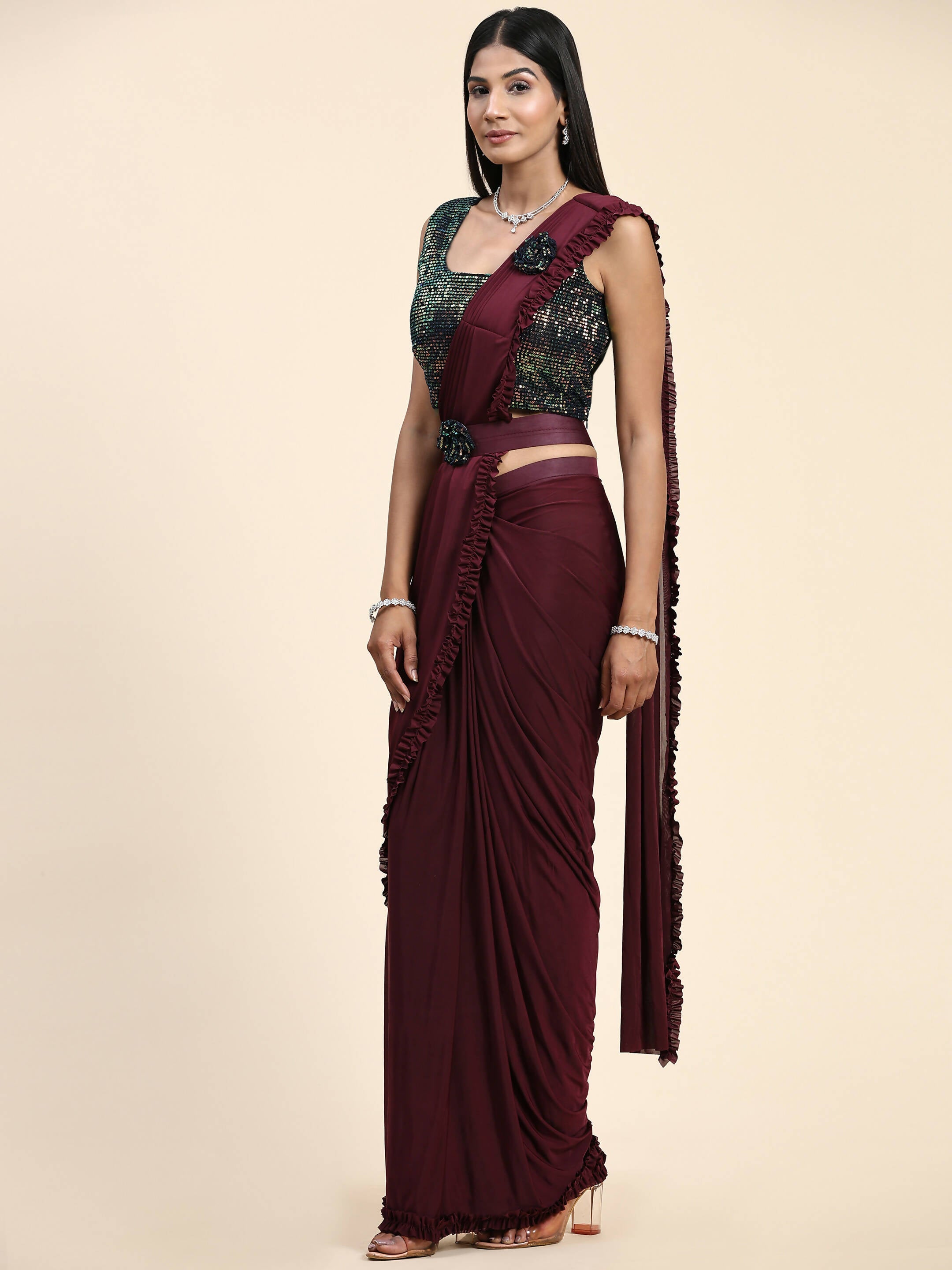 Maroon Imported Fabric Plain Ready to wear Saree with stitched Blouse - Vrinda