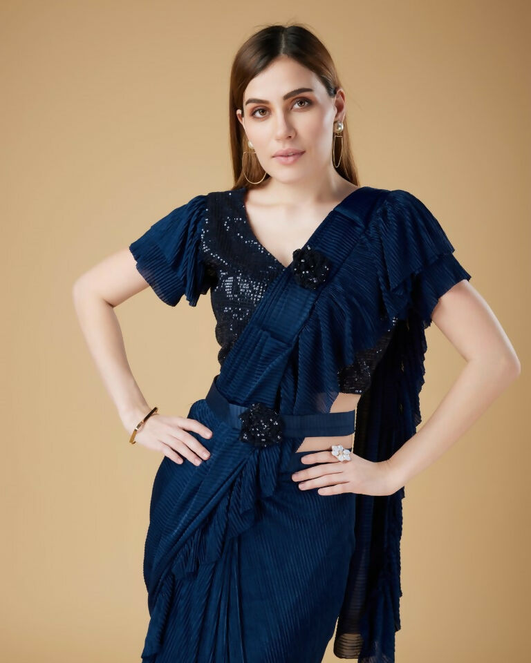 Blue Imported Crush Solid Ready to Wear Saree with stitched Blouse - Aayan