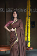 Very Much Indian Pure Cotton Handloom Saree With Intricate Borders - Brown