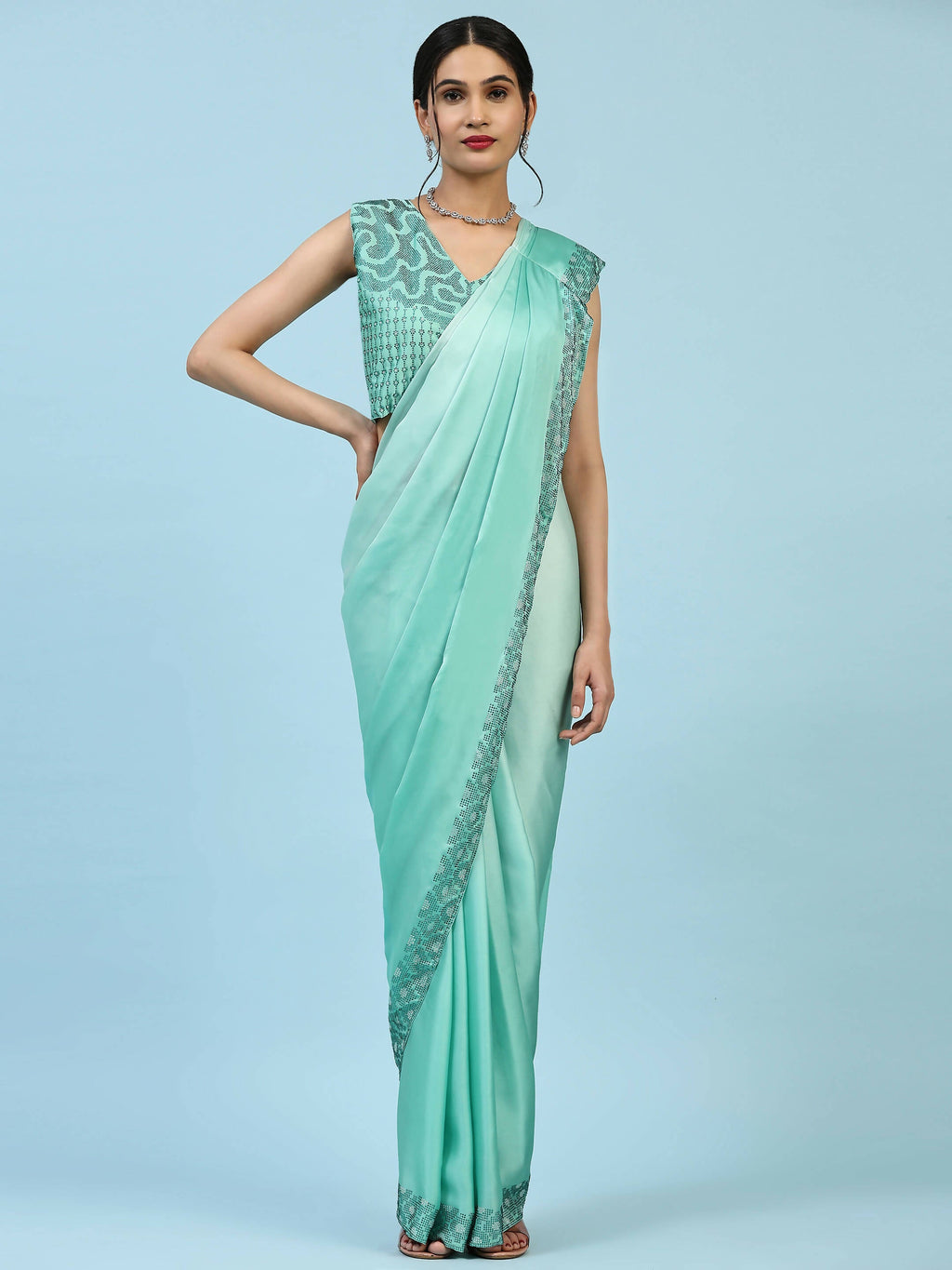 Sea Green Ombre Satin Georgette Plain Ready to wear Saree with stitched Blouse - Vrinda