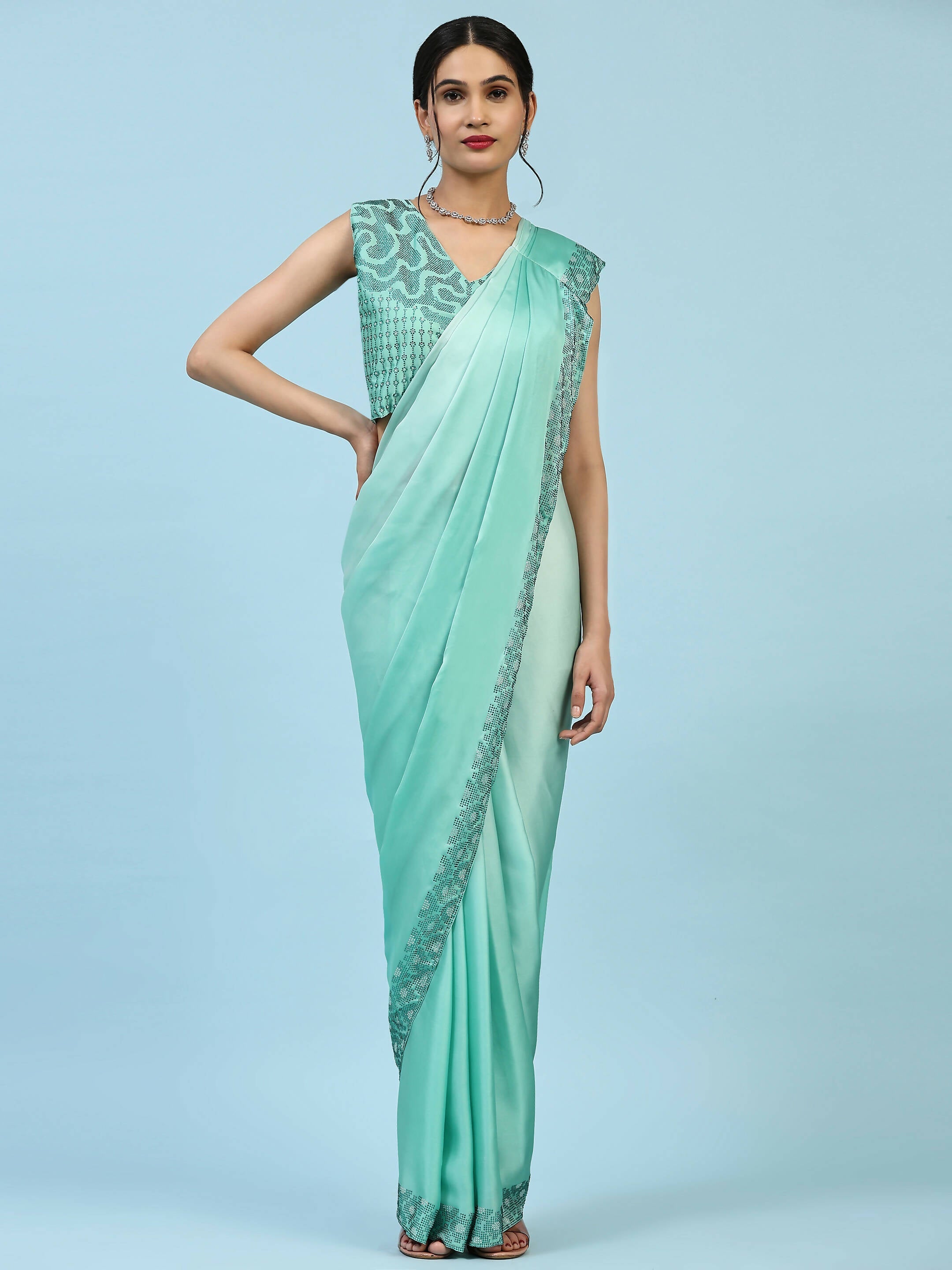 Sea Green Ombre Satin Georgette Plain Ready to wear Saree with stitched Blouse - Vrinda