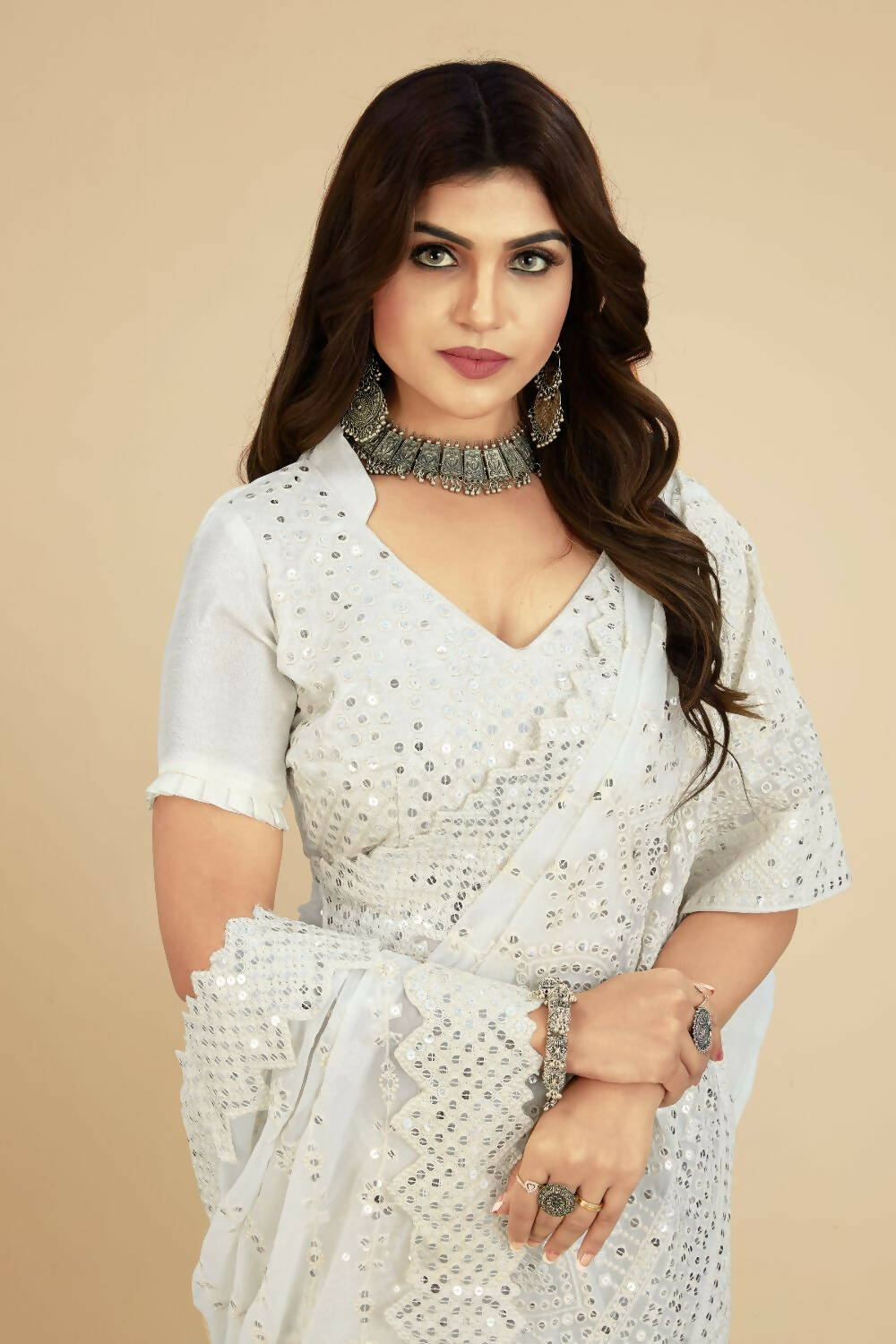 Vamsee White Georgette Designer Saree
