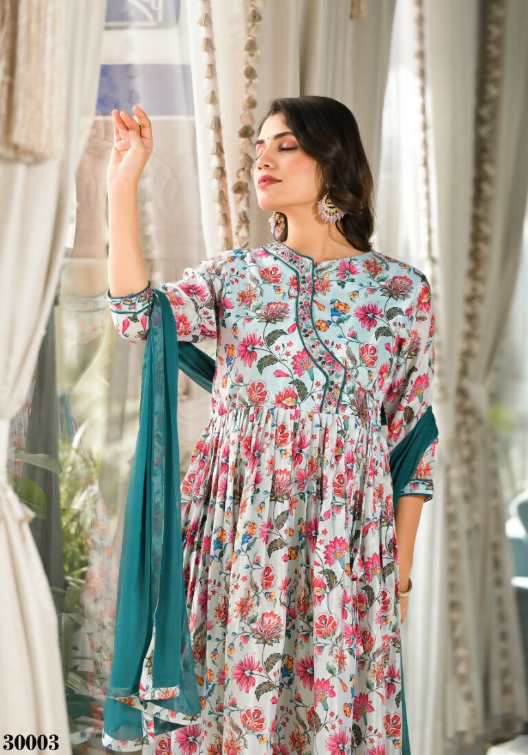 Designer Stylish Mid Night Blue Rubi Silk Stitched Suit With Dupatta - Kiyara