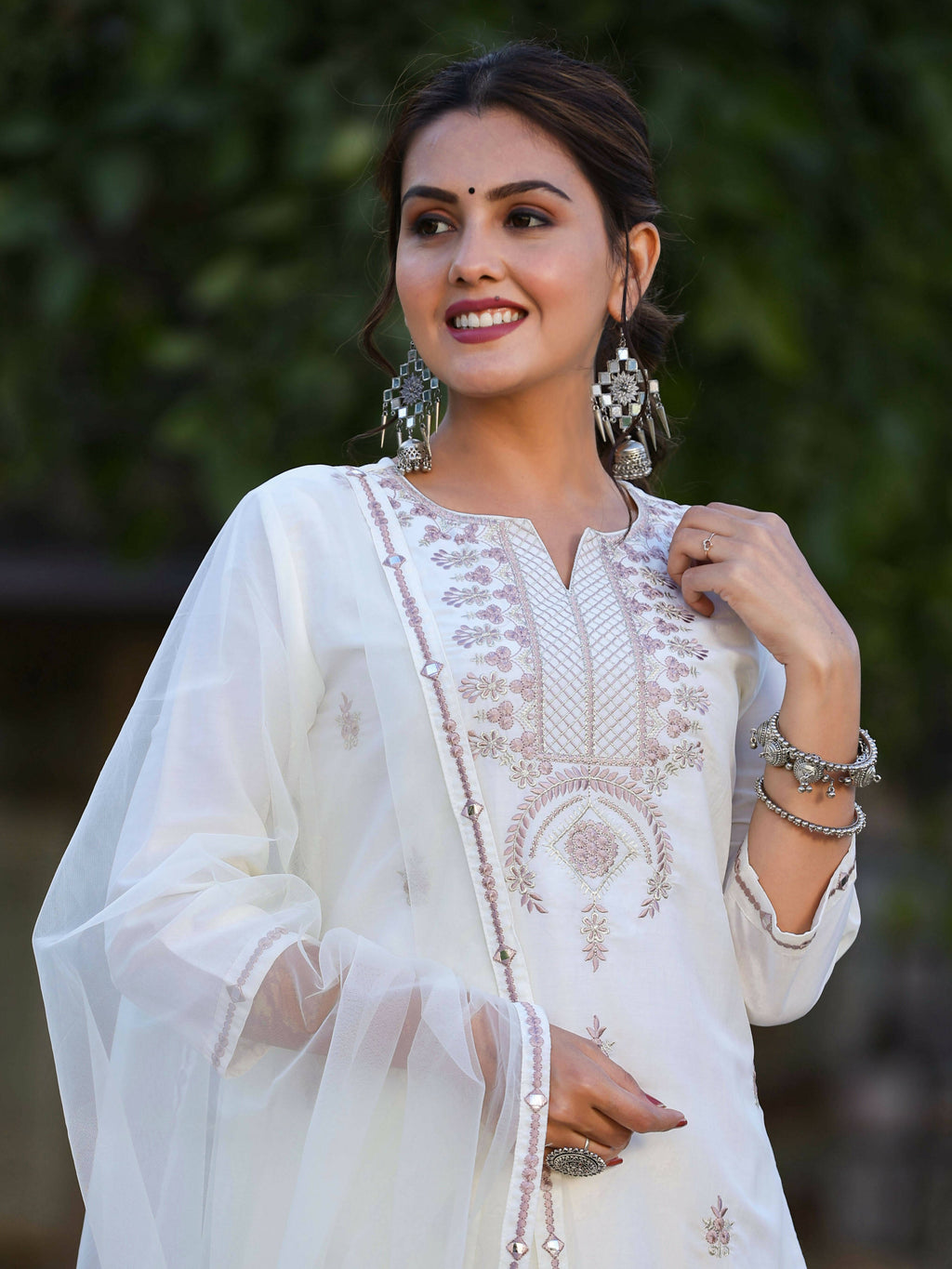 Juniper Women's Off-White Chinnon Embroidered Kurta Pant Dupatta Set