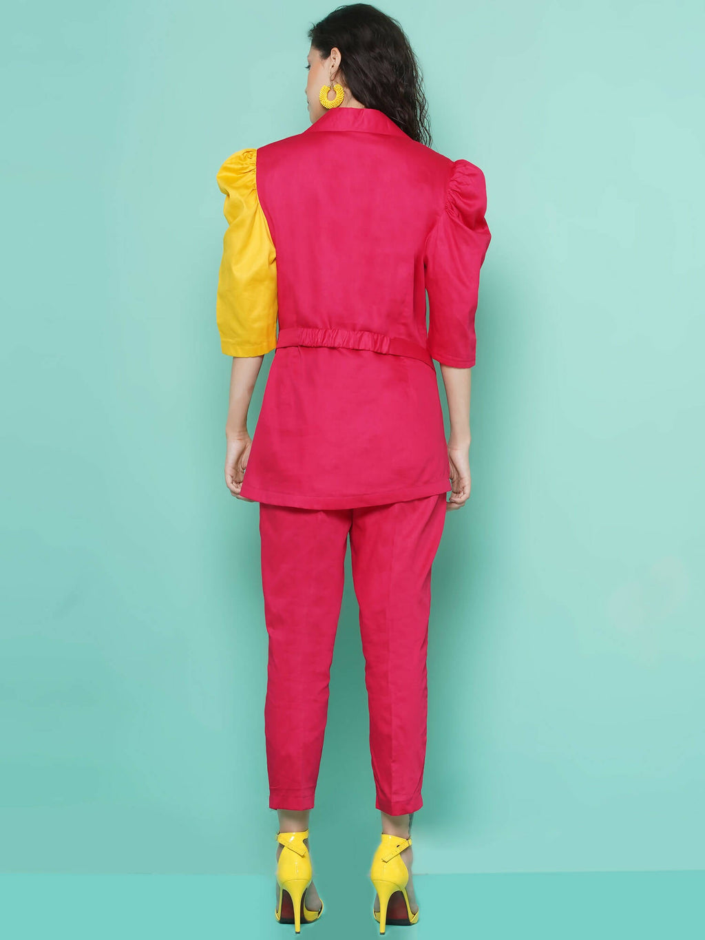 Women Republic Pink And Yellow Cotton Silk hand Embellished Coord set with Pouch
