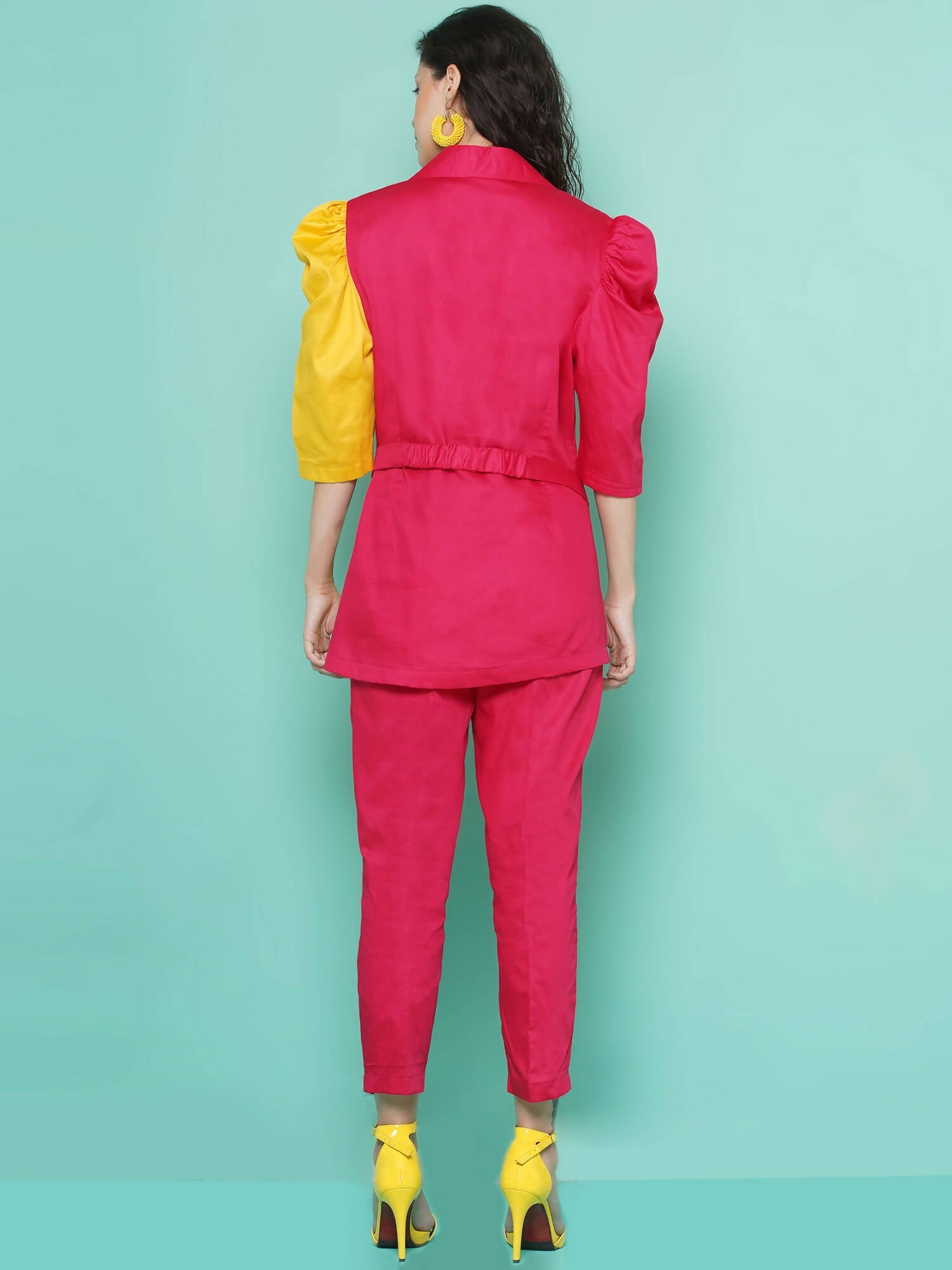 Women Republic Pink And Yellow Cotton Silk hand Embellished Coord set with Pouch