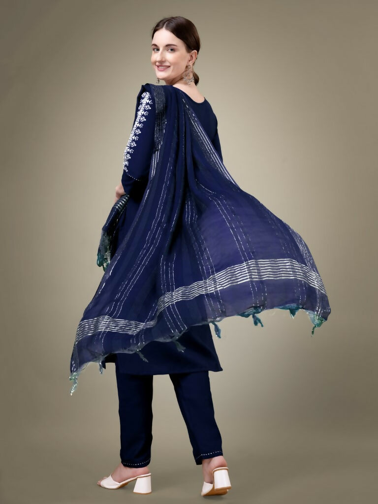 Jyoti Fashion Women's Navy Blue Cotton Blend Embroidery & Sequence work Kurta with Trouser & Dupatta