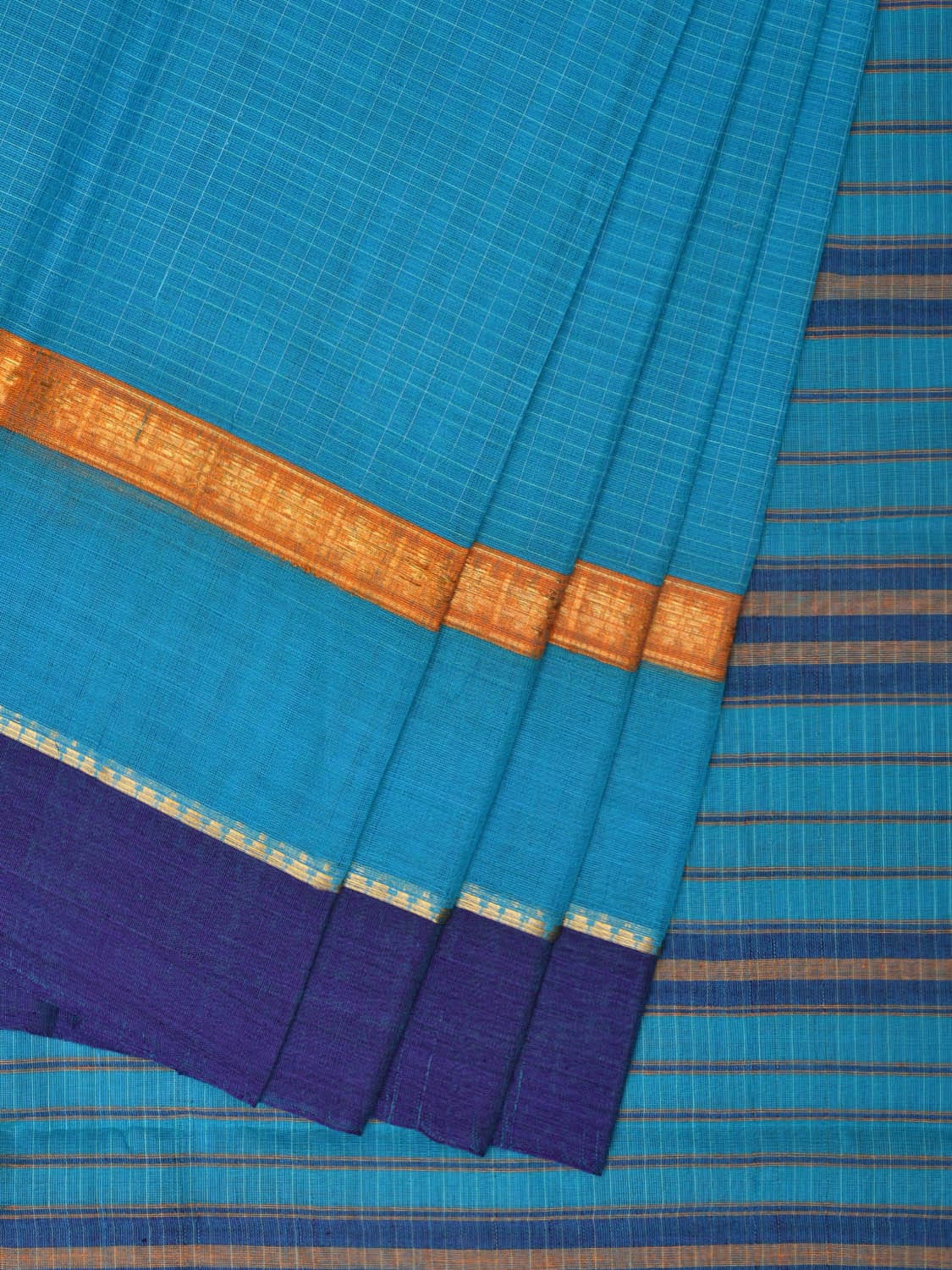 Light Blue Narayanpet Cotton Handloom Saree with Checks Design No Blouse - Global Threads