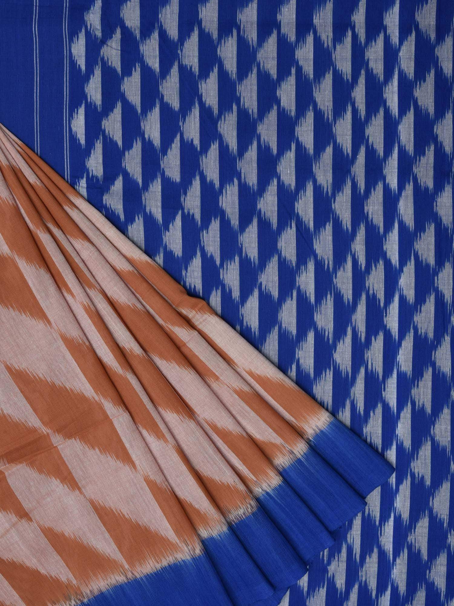 Light Brown and Blue Pochampally Ikat Cotton Handloom Saree with Triangle Pallu Design - Global Threads