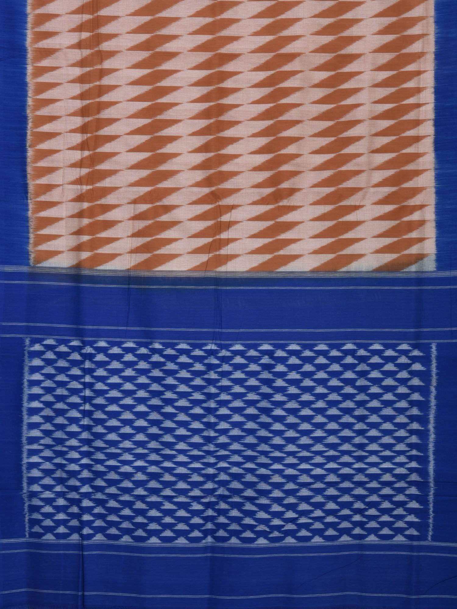 Light Brown and Blue Pochampally Ikat Cotton Handloom Saree with Triangle Pallu Design - Global Threads