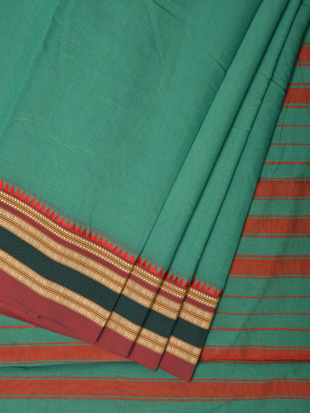 Light Green Bamboo Cotton Plain Saree with Strips Pallu Design No Blouse - Global Threads