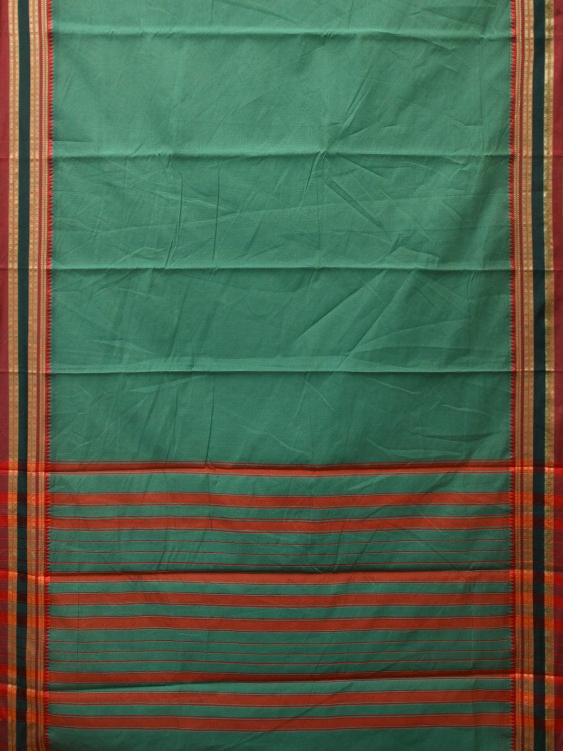 Light Green Bamboo Cotton Plain Saree with Strips Pallu Design No Blouse - Global Threads