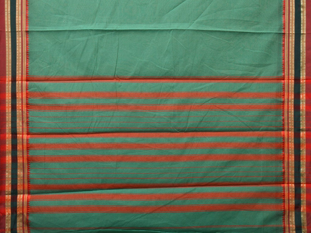 Light Green Bamboo Cotton Plain Saree with Strips Pallu Design No Blouse - Global Threads