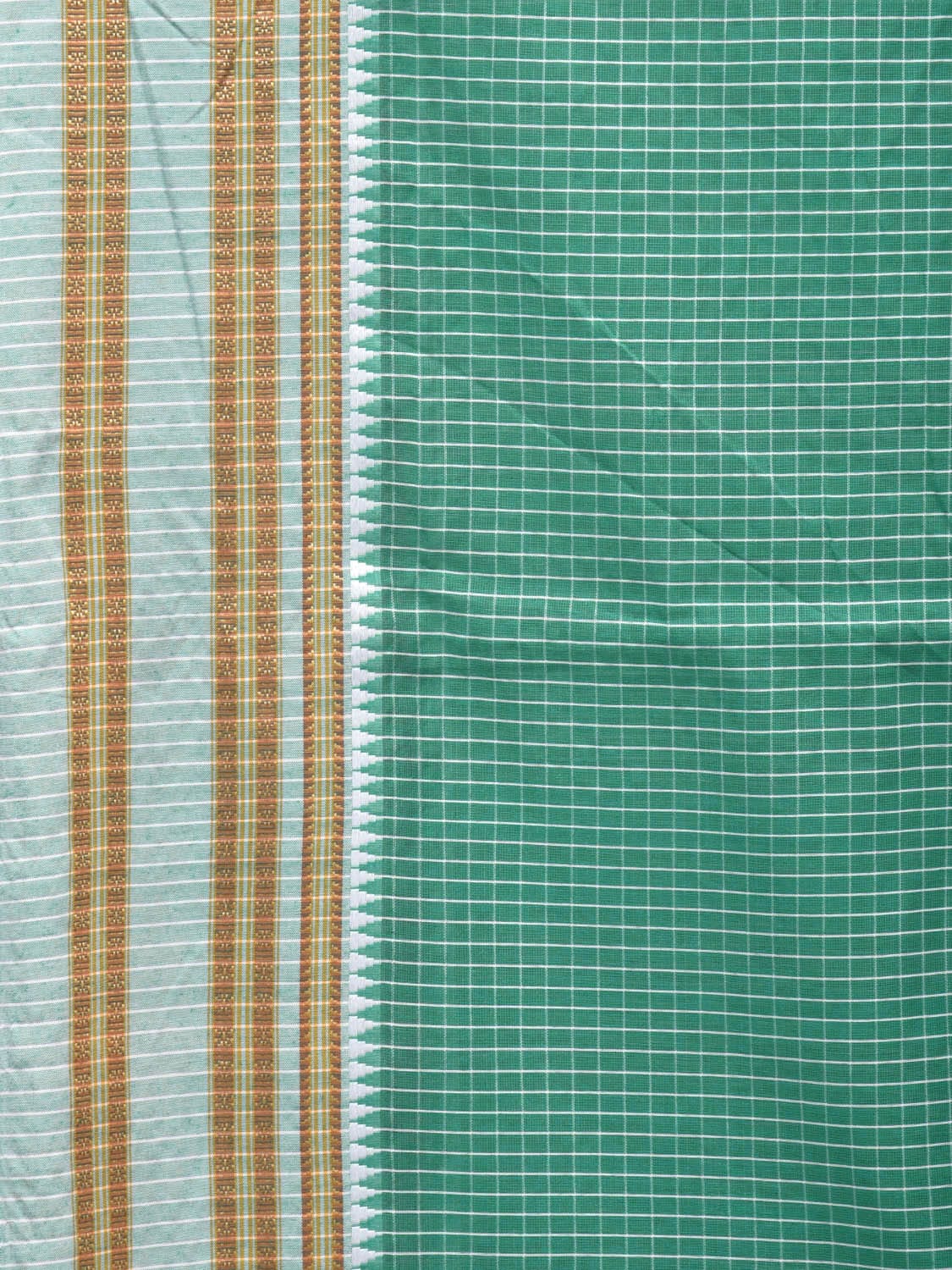 Light Green Bamboo Cotton Saree with Checks Design No Blouse - Global Threads