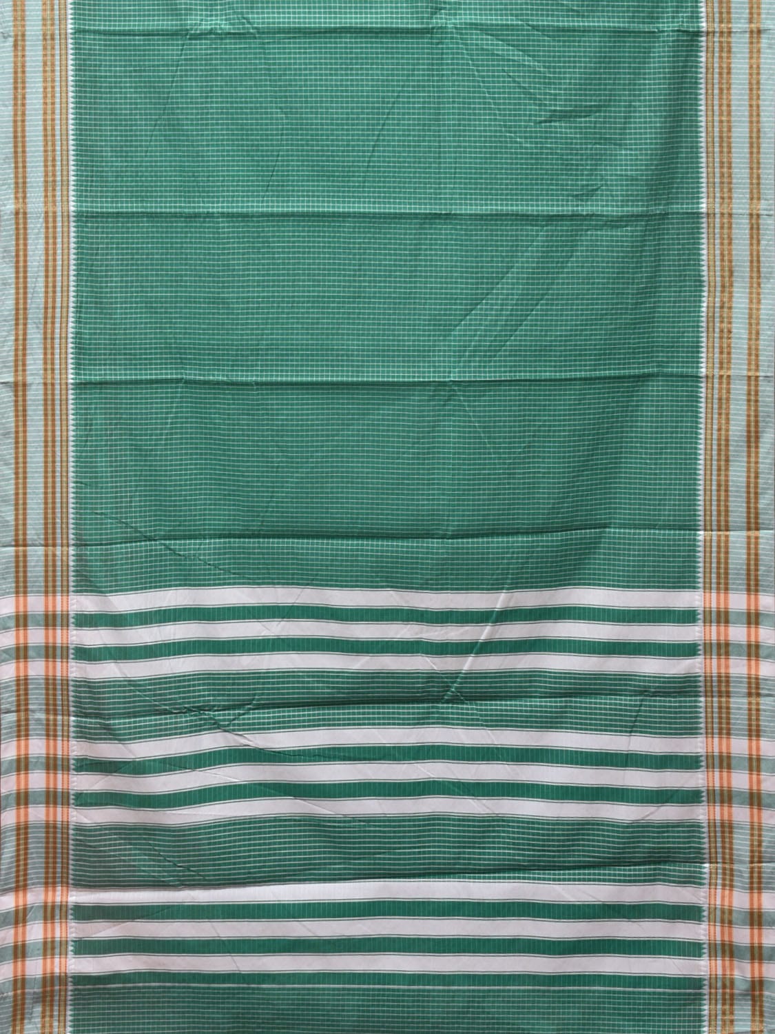 Light Green Bamboo Cotton Saree with Checks Design No Blouse - Global Threads