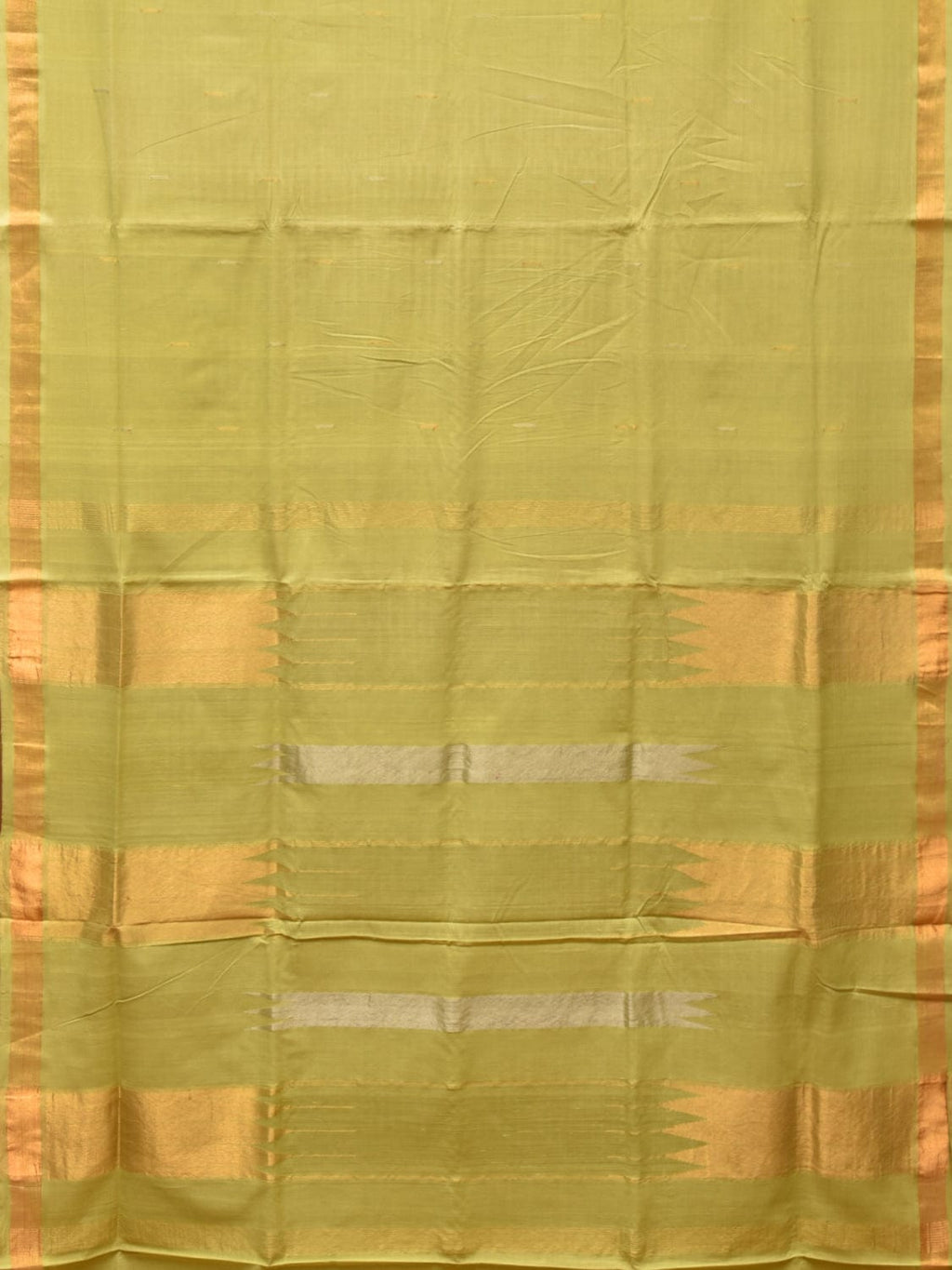 Light Green Khadi Cotton Handloom Saree with Buta and Strip Pallu Design - Global Threads