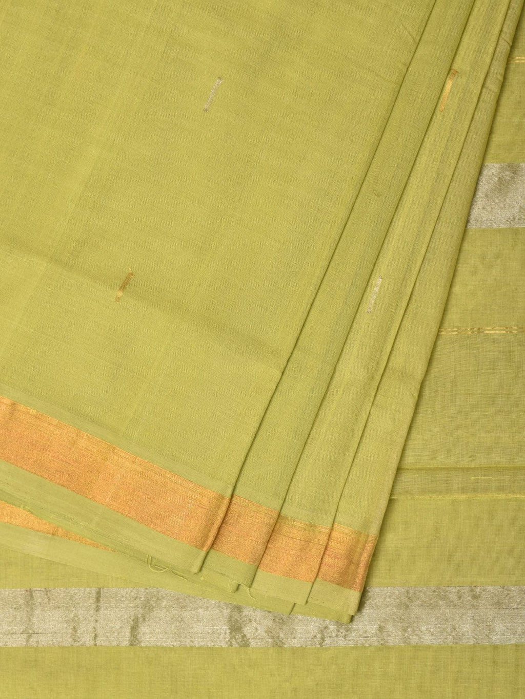 Light Green Khadi Cotton Handloom Saree with Buta and Strip Pallu Design - Global Threads